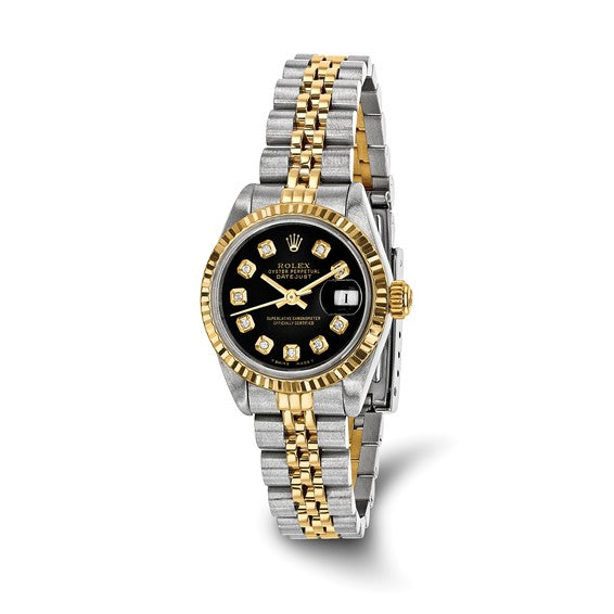 Swiss Crown™ USA Pre-owned Rolex-Independently Certified Steel and 18k 26mm Jubilee Datejust Black Diamond Dial and Fluted Bezel Watch