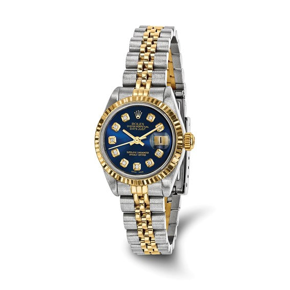 Swiss Crown™ USA Pre-owned Rolex-Independently Certified Steel and 18k 26mm Jubilee Datejust Blue Diamond Dial and Fluted Bezel Watch