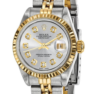 Swiss Crown™ USA Pre-owned Rolex-Independently Certified Steel and 18k 26mm Jubilee Datejust Silver Diamond Dial and Fluted Bezel Watch