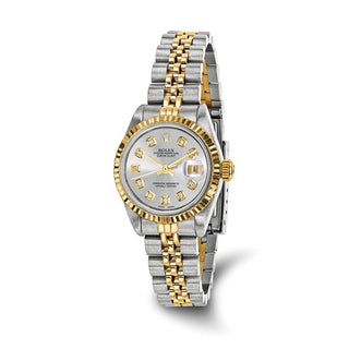 Swiss Crown™ USA Pre-owned Rolex-Independently Certified Steel and 18k 26mm Jubilee Datejust Silver Diamond Dial and Fluted Bezel Watch