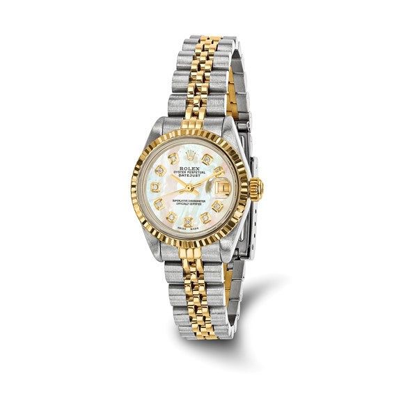 Swiss Crown™ USA Pre-owned Rolex-Independently Certified Steel and 18k 26mm Jubilee Datejust Mother of Pearl Diamond Dial and Fluted Bezel Watch