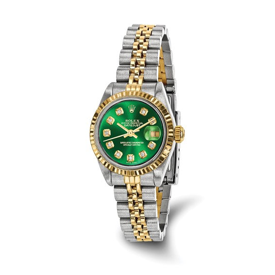 Swiss Crown™ USA Pre-owned Rolex-Independently Certified Steel and 18k 26mm Jubilee Datejust Green Diamond Dial and Fluted Bezel Watch