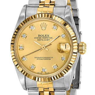 Swiss Crown™ USA Pre-owned Rolex-Independently Certified Steel and 18k 31mm Jubilee Datejust Champagne Diamond Dial and Fluted Bezel Watch