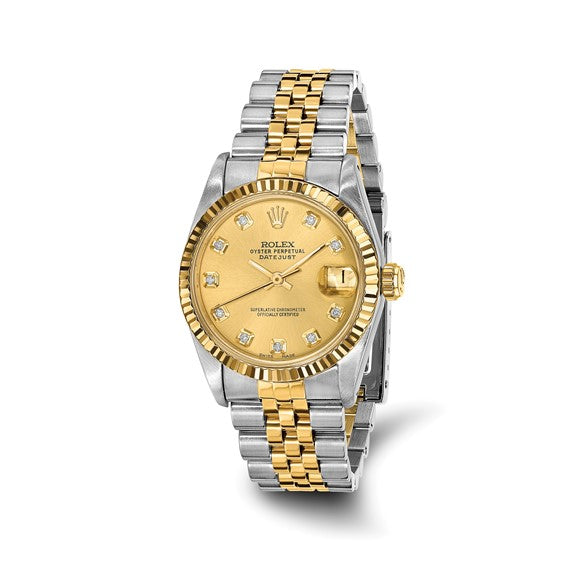 Swiss Crown™ USA Pre-owned Rolex-Independently Certified Steel and 18k 31mm Jubilee Datejust Champagne Diamond Dial and Fluted Bezel Watch