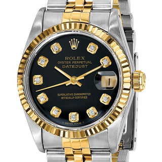 Swiss Crown™ USA Pre-owned Rolex-Independently Certified Steel and 18k 31mm Jubilee Datejust Black Diamond Dial and Fluted Bezel Watch