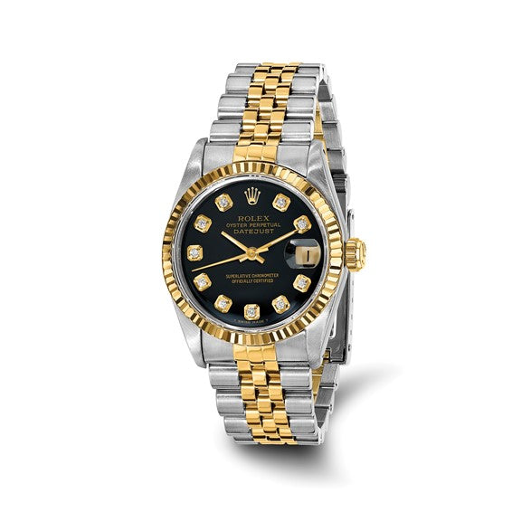 Swiss Crown™ USA Pre-owned Rolex-Independently Certified Steel and 18k 31mm Jubilee Datejust Black Diamond Dial and Fluted Bezel Watch