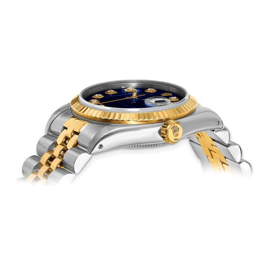 Reloj Rolex de acero y bisel estriado y esfera de diamantes azules Jubilee Datejust de 18k y 31 mm con certificación independiente de segunda mano Swiss Crown™ en EE. UU. 