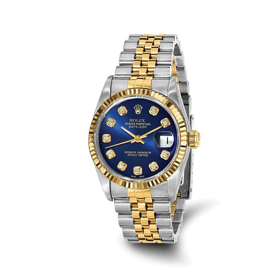 Rolex de segunda mano de Swiss Crown™ EE. UU. Reloj Rolex de segunda mano certificado independientemente de acero y reloj Jubilee Datejust de 18k y 31 mm con esfera de diamantes azules y bisel estriado