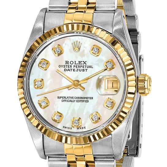 Swiss Crown™ USA Pre-owned Rolex-Independently Certified Steel and 18k 31mm Jubilee Datejust Mother of Pearl Diamond Dial and Fluted Bezel Watch