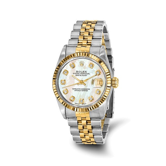 Swiss Crown™ USA Pre-owned Rolex-Independently Certified Steel and 18k 31mm Jubilee Datejust Mother of Pearl Diamond Dial and Fluted Bezel Watch