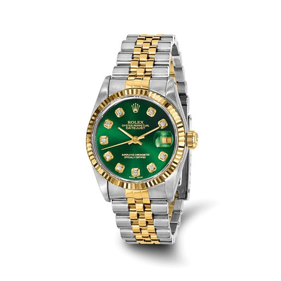 Swiss Crown™ USA Pre-owned Rolex-Independently Certified Steel and 18k 31mm Jubilee Datejust Green Diamond Dial and Fluted Bezel Watch