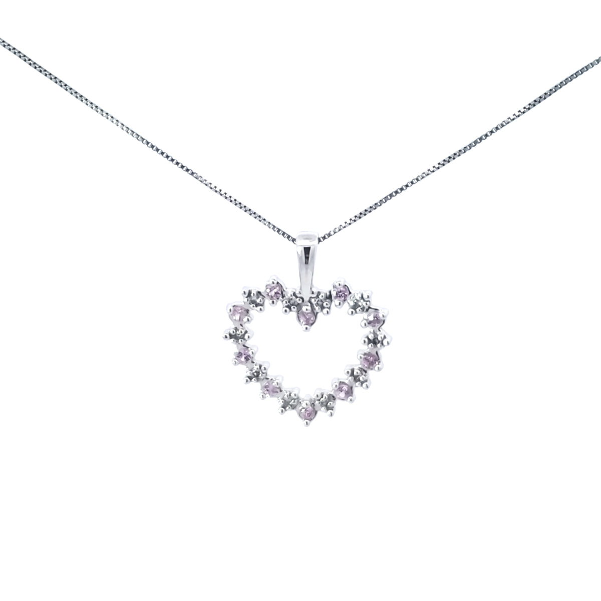 10K White Gold 0.05 cttw Diamond and Pink Sapphire Heart Pendant, 18&quot;