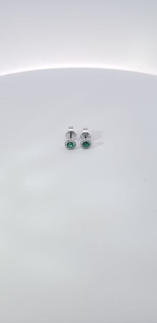 14K White Gold  Emerald and Diamond Halo Stud Earrings