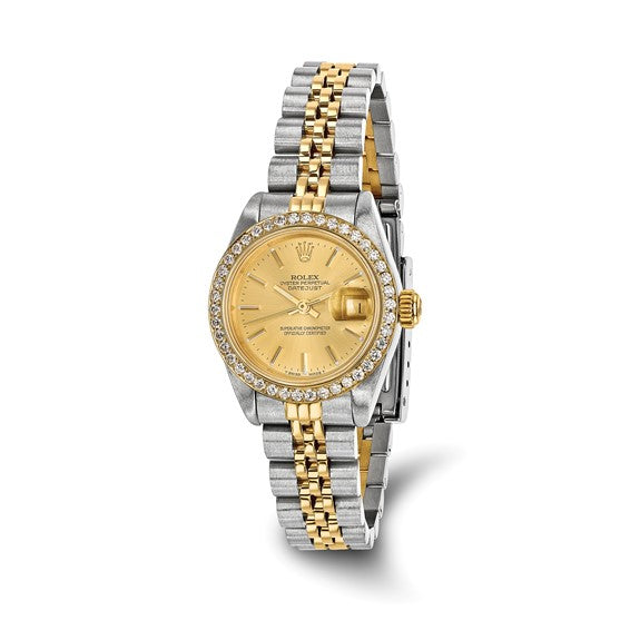 Swiss Crown™ USA Pre-owned Rolex-Independently Certified Steel and 18k 26mm Jubilee Datejust Champagne Dial and Diamond Bezel Watch