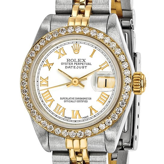 Reloj Rolex by Swiss Crown™ de segunda mano con certificación independiente de acero Rolex y reloj Jubilee Datejust de 18k y 26 mm con esfera blanca y bisel de diamantes 