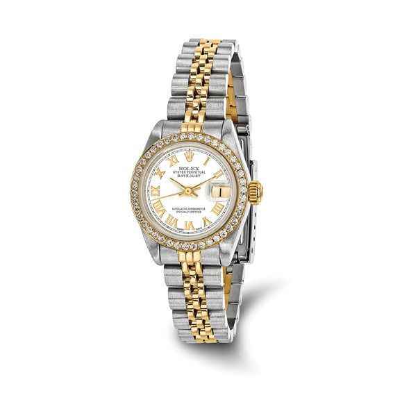 Reloj Rolex by Swiss Crown™ de segunda mano con certificación independiente de acero Rolex y reloj Jubilee Datejust de 18k y 26 mm con esfera blanca y bisel de diamantes 