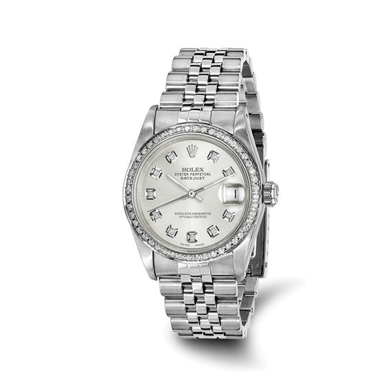 Swiss Crown™ USA Pre-owned Rolex-Independently Certified Steel 31mm Jubilee Datejust Silver Diamond Dial and Bezel Watch