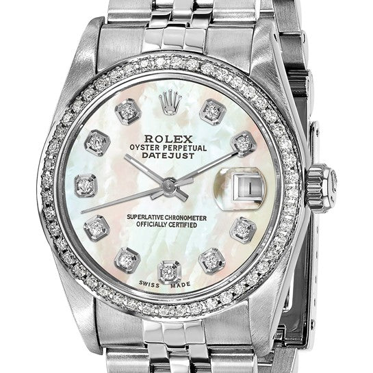 Swiss Crown™ Reloj Jubilee Datejust de 31 mm de acero con certificación independiente Rolex de segunda mano en EE. UU. con esfera y bisel de diamantes de nácar 