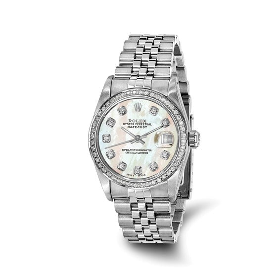 Swiss Crown™ USA Pre-owned Rolex-Independently Certified Steel 31mm Jubilee Datejust Mother of Pearl Diamond Dial and Bezel Watch