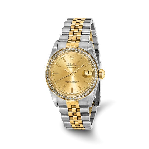 Swiss Crown™ USA Pre-owned Rolex-Independently Certified Steel and 18k 31mm Jubilee Datejust Champagne Dial and Diamond Bezel Watch