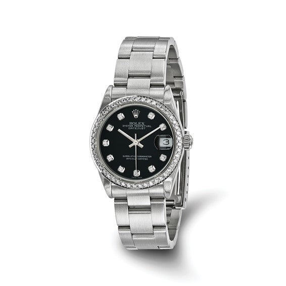 Swiss Crown™ USA Pre-owned Rolex-Independently Certified SS OYSTER Datejust With BLACK Diamond Dial and Diamond Bezel