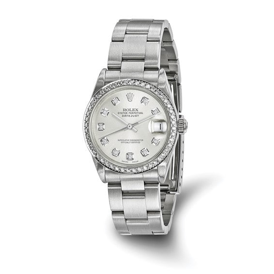 Swiss Crown™ USA Pre-owned Rolex-Independently Certified Steel 31mm Oyster Datejust Silver Diamond Dial and Bezel Watch