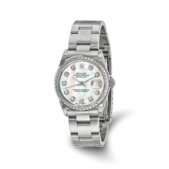 Swiss Crown™ USA Pre-owned Rolex-Independently Certified Steel 31mm Oyster Datejust Mother of Pearl Diamond Dial and Bezel Watch