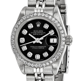 Swiss Crown™ USA Pre-owned Rolex-Independently Certified Steel 26mm Jubilee Datejust Black Diamond Dial and Bezel Watch