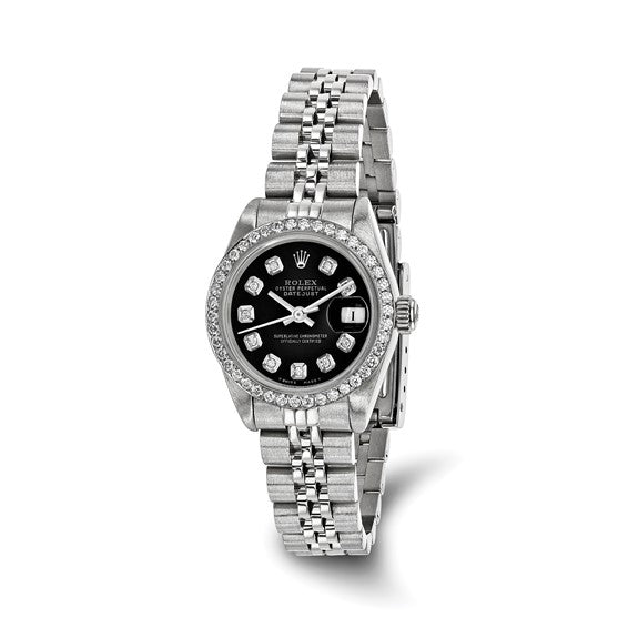 Swiss Crown™ USA Pre-owned Rolex-Independently Certified Steel 26mm Jubilee Datejust Black Diamond Dial and Bezel Watch