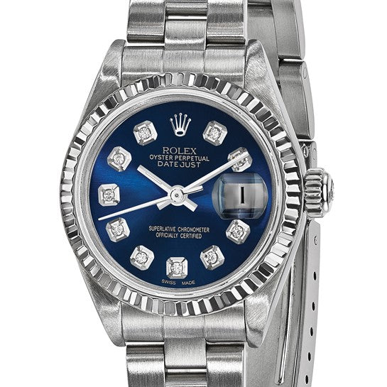 Reloj Rolex by Swiss Crown™ de segunda mano con certificación independiente de EE. UU. de acero Rolex de 26 mm con esfera de diamantes azules Oyster Datejust y bisel estriado de 18k 