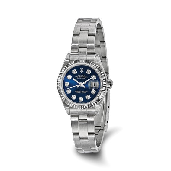 Reloj Rolex by Swiss Crown™ de segunda mano con certificación independiente de EE. UU. de acero Rolex de 26 mm con esfera de diamantes azules Oyster Datejust y bisel estriado de 18k 