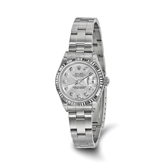 Rolex Pre-owned Rolex by Swiss Crown™ USA  Independently Certified Rolex Steel 26mm Oyster Datejust Silver Diamond Dial and 18k Fluted Bezel Watch