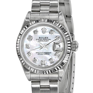 Swiss Crown™ USA Pre-owned Rolex-Independently Certified Steel 26mm Oyster Datejust Mother of Pearl Diamond Dial and 18k Fluted Bezel Watch