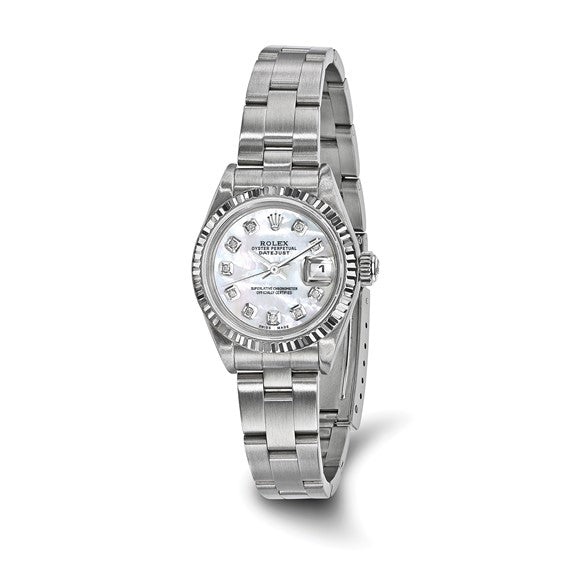 Swiss Crown™ USA Pre-owned Rolex-Independently Certified Steel 26mm Oyster Datejust Mother of Pearl Diamond Dial and 18k Fluted Bezel Watch