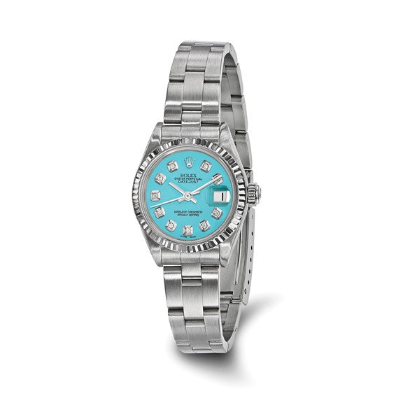 Rolex Pre-owned Rolex by Swiss Crown™ LADIES Pre-owned Rolex-Independently Certified SS OYSTER Datejust With TEAL Diamond Dial and 18k Bezel