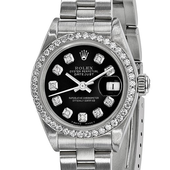 Rolex de segunda mano de Swiss Crown™ EE. UU. Reloj Rolex de acero de 26 mm Oyster Datejust con esfera y bisel de diamantes negros de segunda mano con certificación independiente 