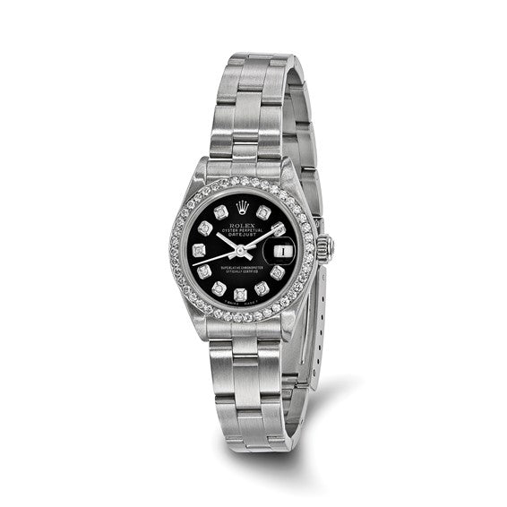 Rolex de segunda mano de Swiss Crown™ EE. UU. Reloj Rolex de acero de 26 mm Oyster Datejust con esfera y bisel de diamantes negros de segunda mano con certificación independiente 