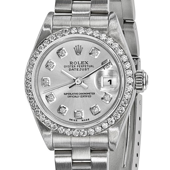 Reloj Rolex de segunda mano de Swiss Crown™ USA con esfera y bisel de diamantes en plata Oyster Datejust de 26 mm y certificado independiente de segunda mano 