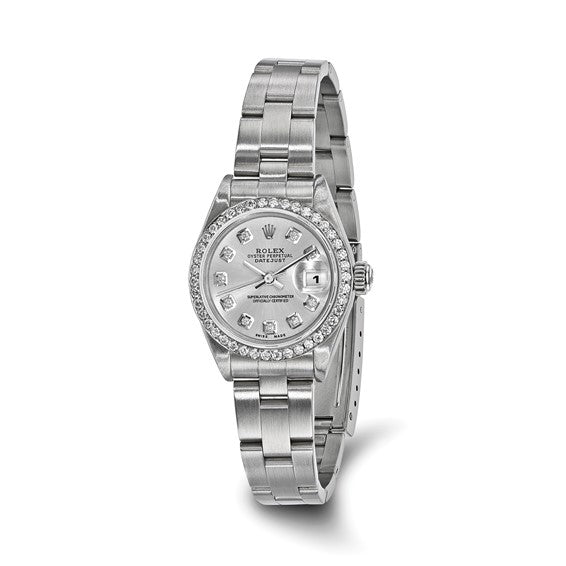 Reloj Rolex de segunda mano de Swiss Crown™ USA con esfera y bisel de diamantes en plata Oyster Datejust de 26 mm y certificado independiente de segunda mano 