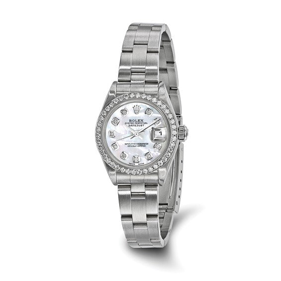 Swiss Crown™ USA Pre-owned Rolex-Independently Certified Steel 26mm Oyster Datejust Mother of Pearl Diamond Dial and Bezel Watch