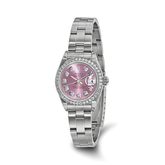 Rolex by Swiss Crown™ de segunda mano en EE. UU. Reloj Rolex de acero de 26 mm Oyster Datejust con esfera y bisel de diamantes rosados ​​y certificado independiente de segunda mano 