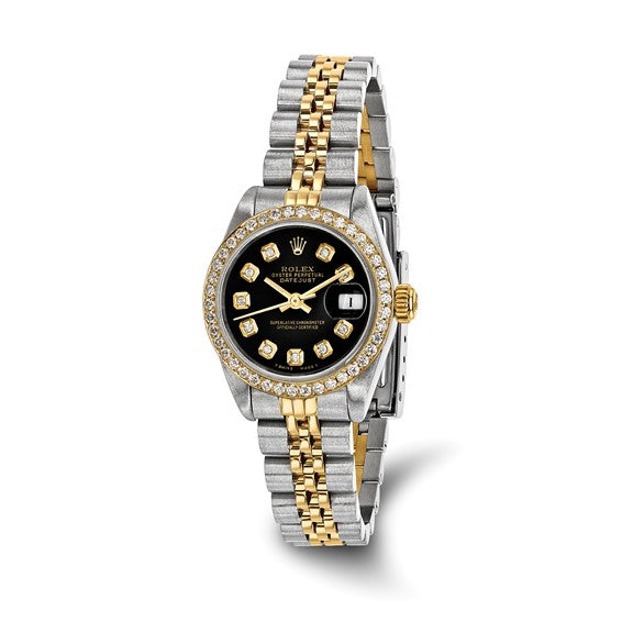 Swiss Crown™ USA Pre-owned Rolex-Independently Certified Steel and 18k 26mm Jubilee Datejust Black Diamond Dial and Bezel Watch