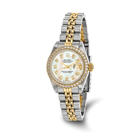 Swiss Crown™ USA Pre-owned Rolex-Independently Certified Steel and 18k 26mm Jubilee Datejust Mother of Pearl Diamond Dial and Bezel Watch