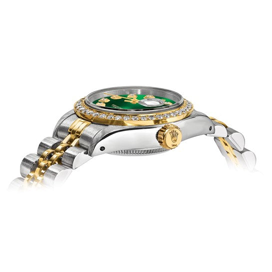 Rolex de segunda mano de Swiss Crown™ EE. UU. Reloj Rolex de segunda mano certificado independientemente de acero y reloj Jubilee Datejust de 18k y 26 mm con esfera y bisel de diamantes verdes 