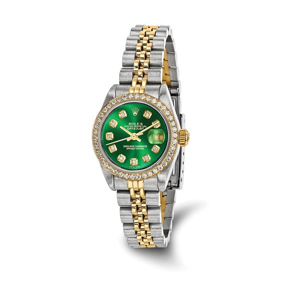 Rolex de segunda mano de Swiss Crown™ EE. UU. Reloj Rolex de segunda mano certificado independientemente de acero y reloj Jubilee Datejust de 18k y 26 mm con esfera y bisel de diamantes verdes 