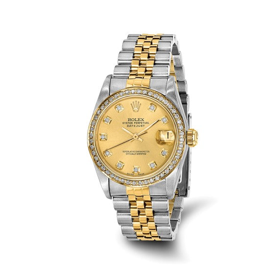 Swiss Crown™ USA Pre-owned Rolex-Independently Certified Steel and 18k 31mm Jubilee Datejust Champagne Diamond Dial and Bezel Watch