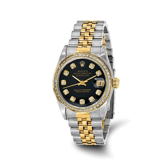 Swiss Crown™ USA Pre-owned Rolex-Independently Certified Steel and 18k 31mm Jubilee Datejust Black Diamond Dial and Bezel Watch