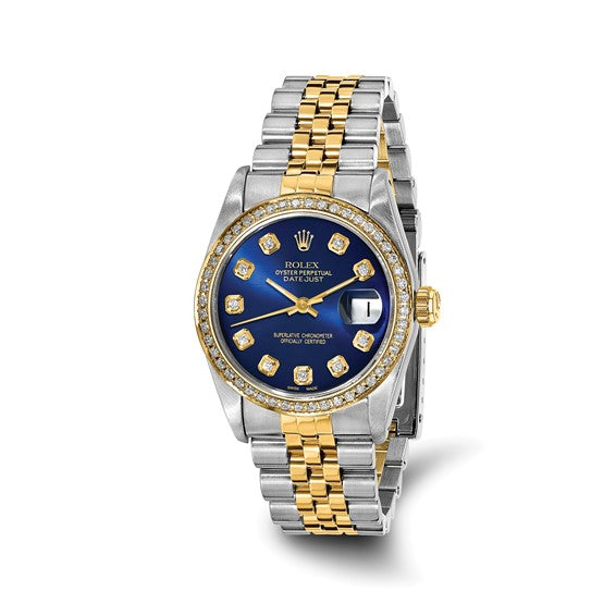 Swiss Crown™ USA Pre-owned Rolex-Independently Certified Steel and 18k 31mm Jubilee Datejust Blue Diamond Dial and Bezel Watch