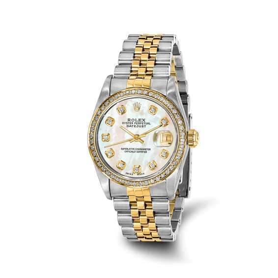 Swiss Crown™ USA Pre-owned Rolex-Independently Certified Steel and 18k 31mm Jubilee Datejust Mother of Pearl Diamond Dial and Bezel Watch