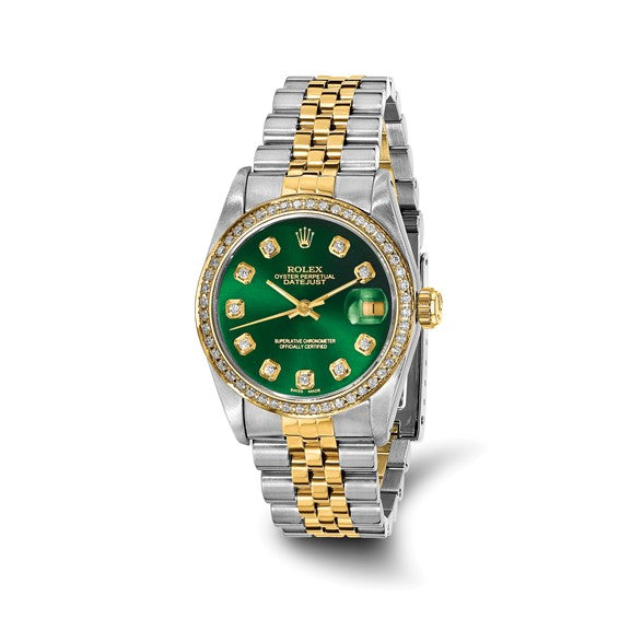 Swiss Crown™ USA Pre-owned Rolex-Independently Certified Steel and 18k 31mm Jubilee Datejust Green Diamond Dial and Bezel Watch